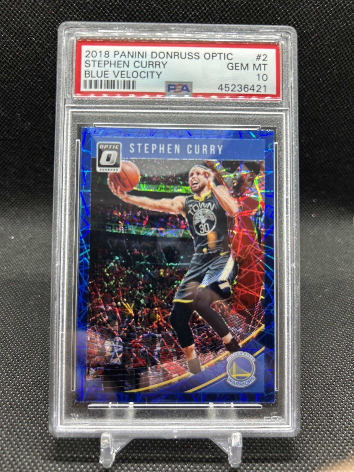 Stephen Curry 2018 Panini Donruss Optic Blue Velocity Basketball Card #2 PSA 10