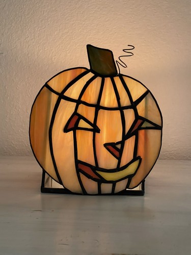 Stained Glass Halloween Jack-O’-Lantern Candle Holder Handmade Pumpkin Fall