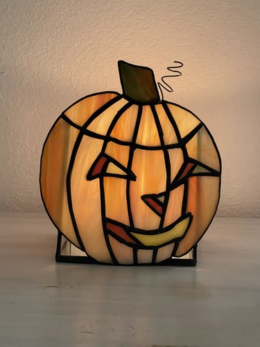 Stained Glass Halloween Jack-O’-Lantern Candle Holder Handmade Pumpkin ￼Fall - 第 1/7 張圖片