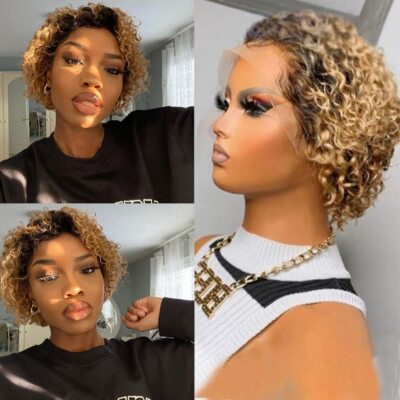 Short Ombre Blonde Curly Human Hair Lace Front Wig Wave Pixie Cut Wigs 13x1 Lace