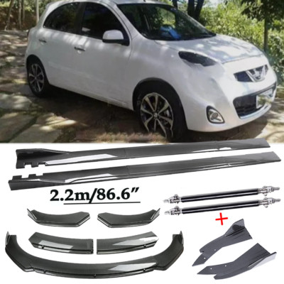 For Nissan March Hatc Carbon Fiber Front Bumper Lip Spoiler 86.6'' Side Skirt Kit