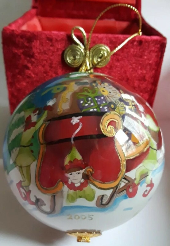2005 "Li Bien" Hand Painted Pier 1 Elves & Sleigh Glass Christmas Ornament.