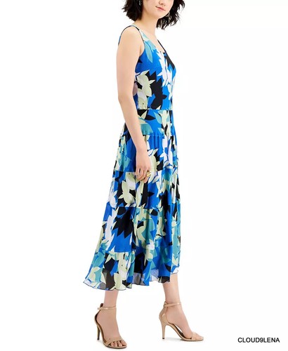 NWT NINE WEST Leaves Print Sleeveless Tiered Midi Dress Size 12 in Summer Sky - Picture 4 of 12