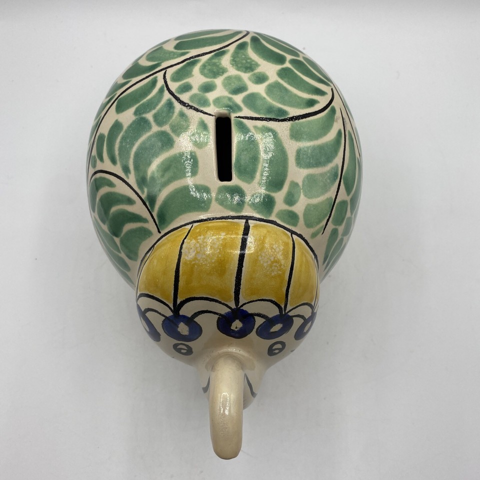 Gogo GTO Mexico Elephant Pottery Bank Hand Painted Signed Green Yellow