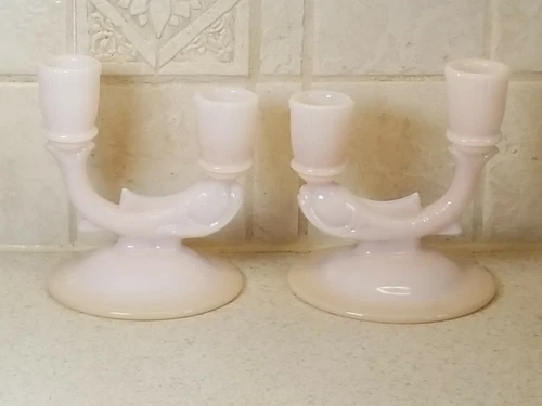 Vintage Cambridge Glass Pink Crown Tuscan pr 2 Light DOLPHIN Candlesticks No. 67