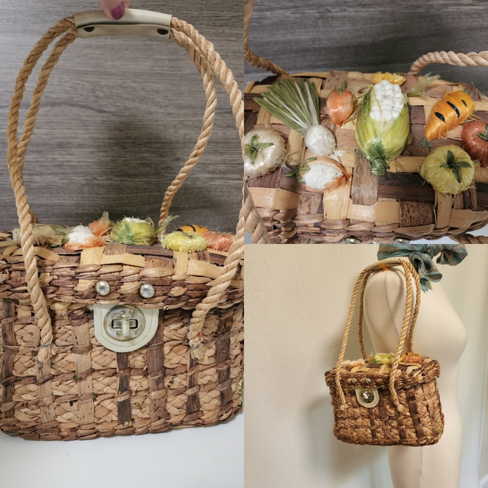 1960s Vintage Raffia Woven Basket Purse with Vegetabl… Gem