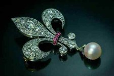 Antique 2Ct Diamond Pearl & Ruby Vintage 14k White Gold Over Elegant Brooch Pin