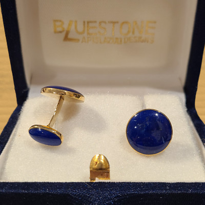 18K GOLD BLUESTONE LAPIS LAZULI DESIGNS ROUND BEZEL CUFFLINKS