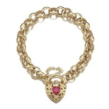 18K GL Solid Thick Belcher Gold Bracelet Filigree Heart Padlock Ruby Red Gem