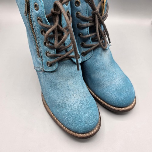 Bed Stu Booties Womens 8.5 Blue Turquoise Suede Leather Wedge Lace Up Zipper - Picture 2 of 16