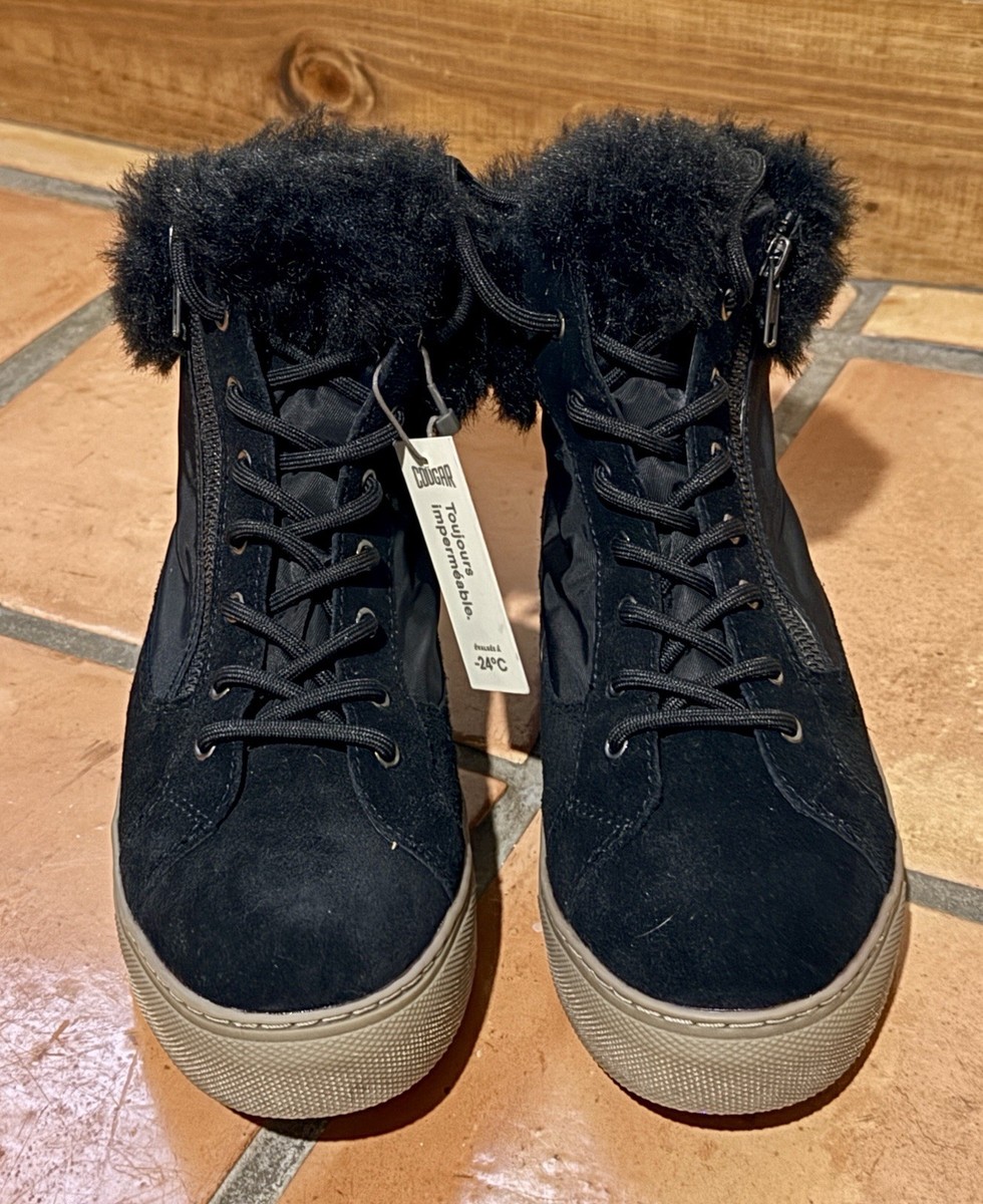 $140 Cougar Black Dubliner Zip Tie Faux Fur Trim Waterproof Bootie Boots  NEW