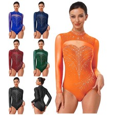 Women Bodysuit Leotards Dancewear Stage Jumpsuit Mesh Turtleneck See-through