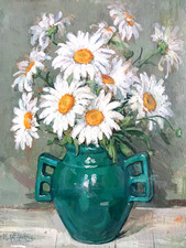 Vintage Still Life Oil Painting Dahlias Marie Antoinette Queroy c.1940