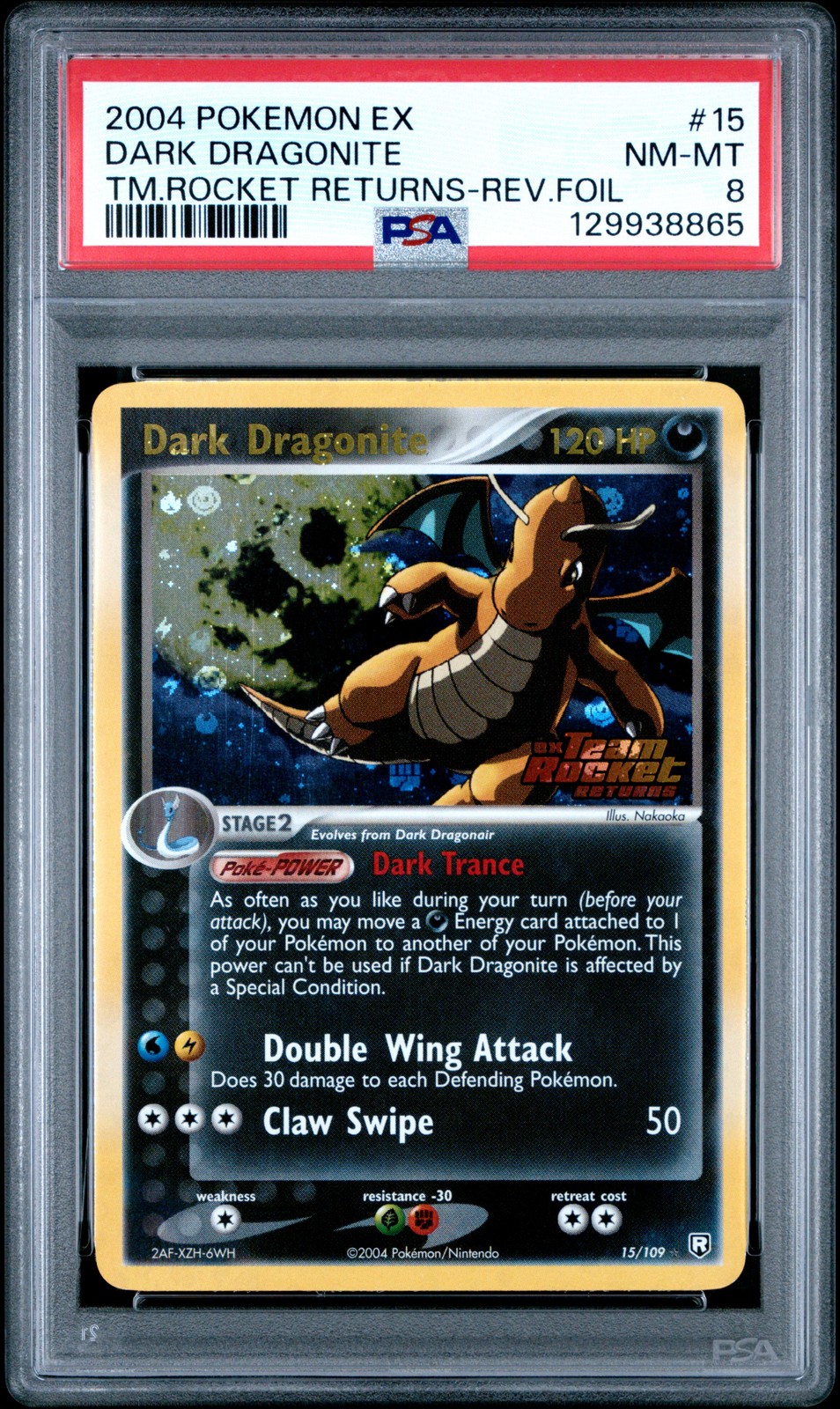 2004 POKEMON EX TEAM ROCKET RETURNS #15 DARK DRAGONITE-REVERSE FOIL PSA 8