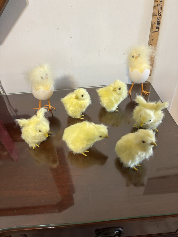 6 Faux  Yellow, Furry Baby Chicks, 2 Fuzzy Chicks In Shell 4 Boxes Mini Chicks