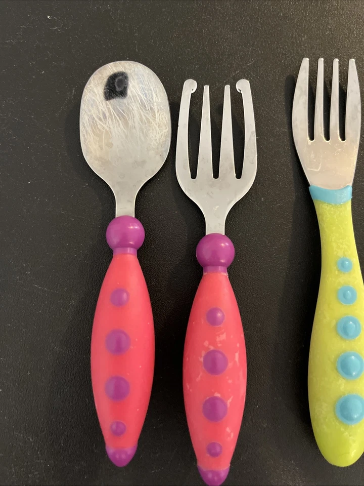 Tenedor y cuchara Gerber de colección mango grueso nudizo, 5". (1 juego), rosa/púrpura Foto 3 de 4