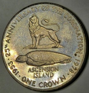 1978 ASCENSION ISLAND QEII CROWN KM-1 N-17190 CORONATION 25th ANNIVERSARY TONED