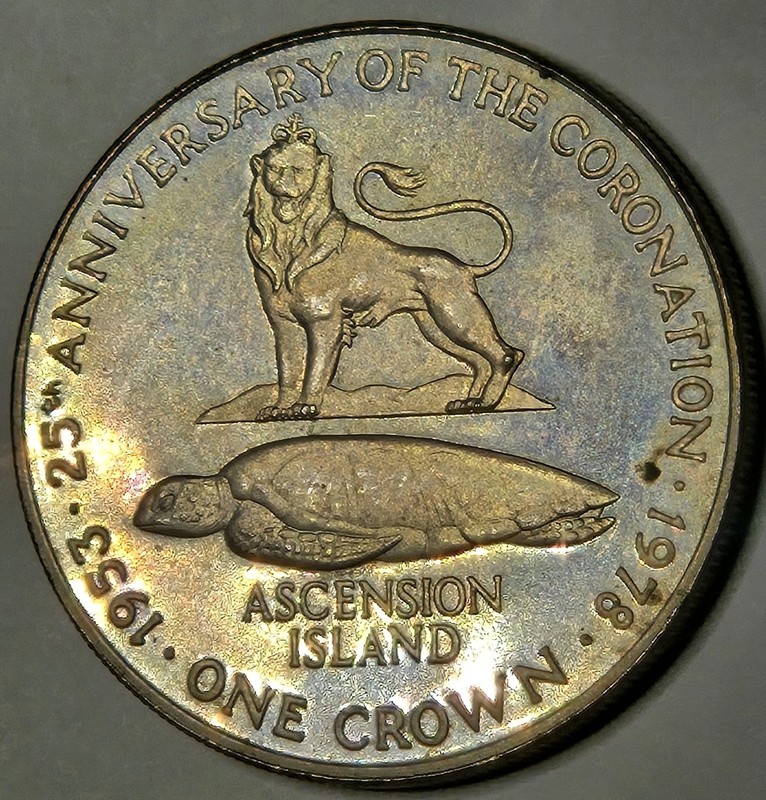 1978 ASCENSION ISLAND QEII CROWN KM-1 N-17190 CORONATION 25th ANNIVERSARY TONED