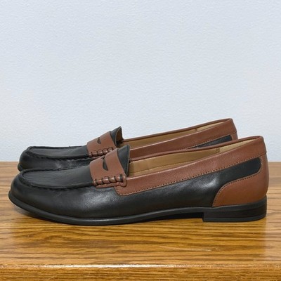 Array Womens 9.5N Black Brown Leather Penny Loafers Colorblock Flats NO BOX