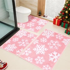 3 Pieces Pink Snowflake Bathroom Rugs Sets Christmas Winter Microfiber Shaggy...