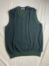 Vintage 90s Chaps Green Men Size L Herringbone V-Neck Cotton Preppy Sweater Vest