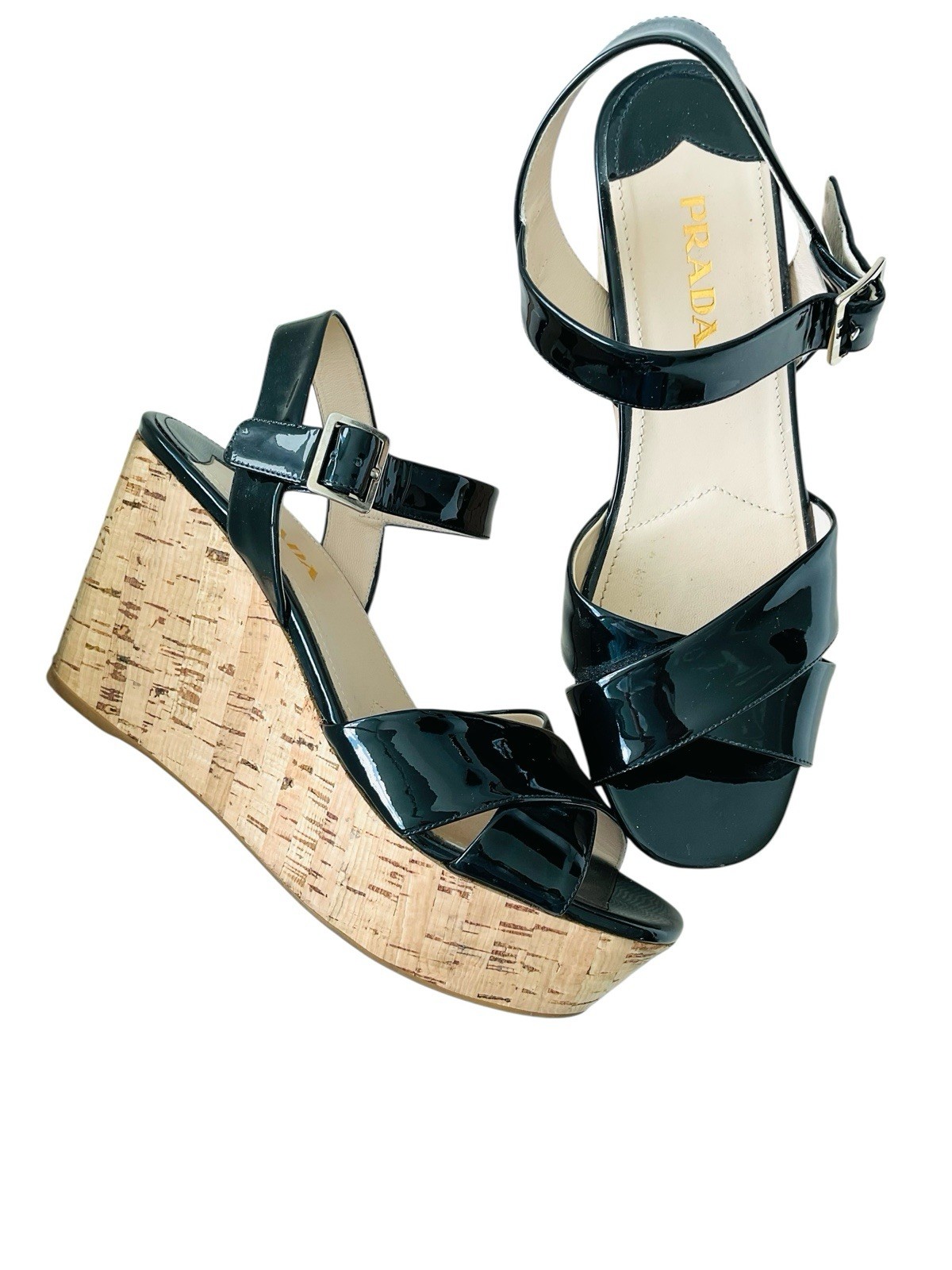 Prada Black Patent Leather Cork Platform Wedge Sandals Criss Cross EU 39 thumbnail 2
