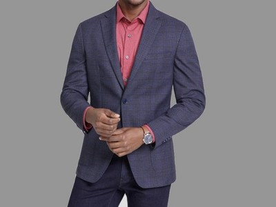 Bar III Mens Navy Blue Plaid Slim Jacket Sport Coat Blazer 36 L TERR1CEZ0140
