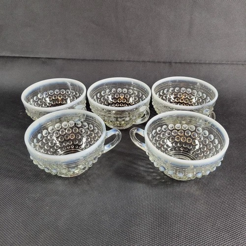 5 Vintage Anchor Hocking Moonstone Opalescent Hobnail Coffee Tea Cups