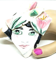 Vintage Handmade 1980s Womans Face Mirror Art Deco Style Ceramic Tile