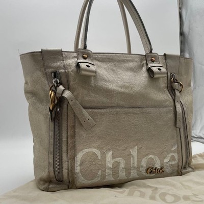 Chloe Tote Bag Large Logo All Leather Metallic Silver Handtasche