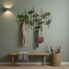 abc HOME Wandgarderobe Ginkgo Metall Grün Gold 12 Haken Kleiderständer 80cm Deko