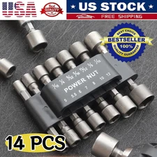 POWER NUT Driver Bit Set Dual 1/4 Quick Change SAE & Metric MM Detent Shank 14PC