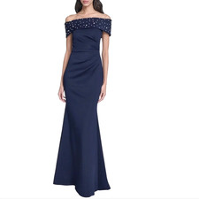 Eliza J Womens Dress Size 14 Blue Imitation Pearl Off the Shoulder Ruched Gown