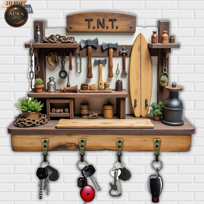 Wand Schlüsselanhänger 30cm - TNT Schreinerei 2D 4 Haken Eingang