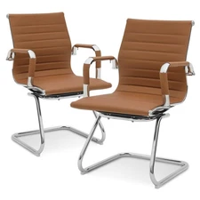 Office Guest Chair Without Wheels PU Leather Mid-Back Sled Base Chairs for Re...