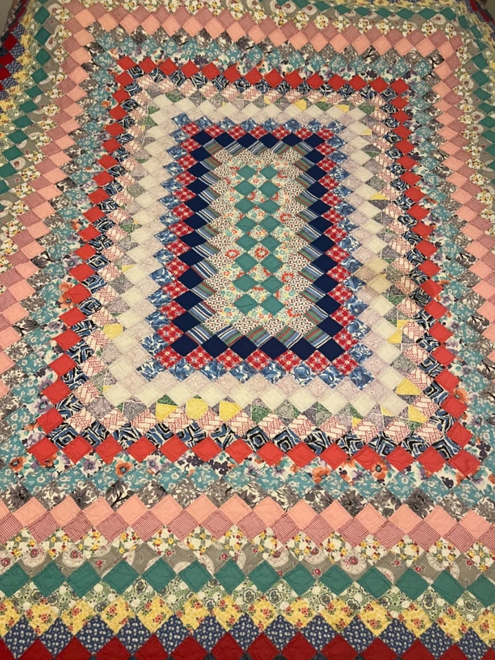 Vintage Trip Around the World Hand Pieced & Quilted Feedsack Queen Quilt - Image 2 of 4