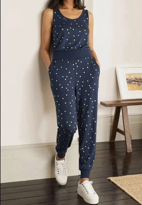 Boden Rachel Jersey Jumpsuit Womens 6R Navy Blue/gold Polkadots Fairy Whimsical