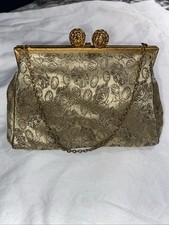 Vintage Gold Floral Brocade Evening Bag Metallic Tapestry Clutch Purse France