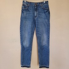 Sandro Paris Womens Distressed Straight Jeans Size 40 Blue High Rise Raw Hem