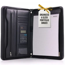 Happy Desk Black Leather Business Portfolio Binder with Zipper – Padfolio Por...