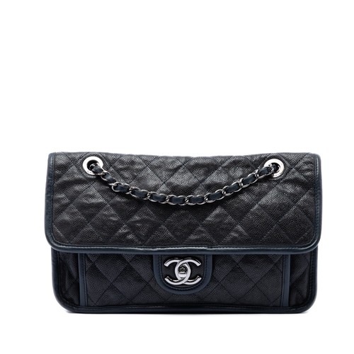 Chanel Medium Quilted Caviar French Riviera Flap Pre-Loved Shoulder Bag Navy