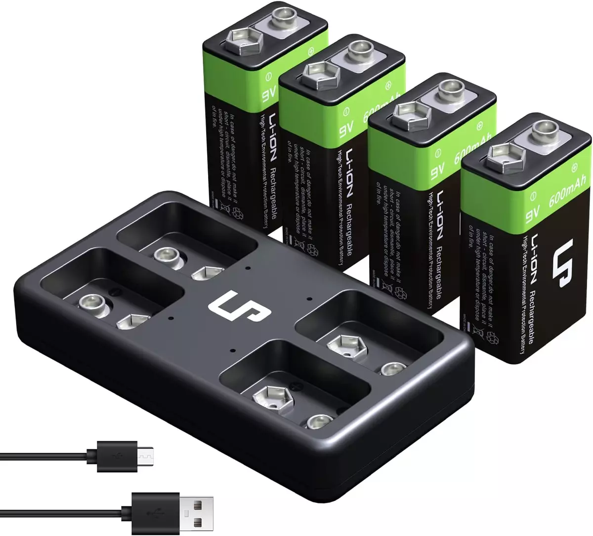 LP 9V Rechargeable Battery Charger Pack, 4 Pack 600Mah 9 Volt Batteries and  4 Ba