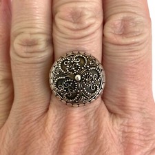 Sterling Silver 925 Round Domed Hollow Scrollwork Adjustable Ring Sz 8.25 - 9.5