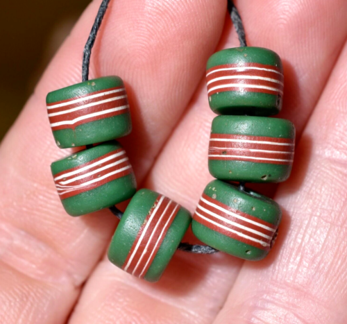 Rare Antique Venetian Green Lampwork Trail Decorated Striped Beads African Trade