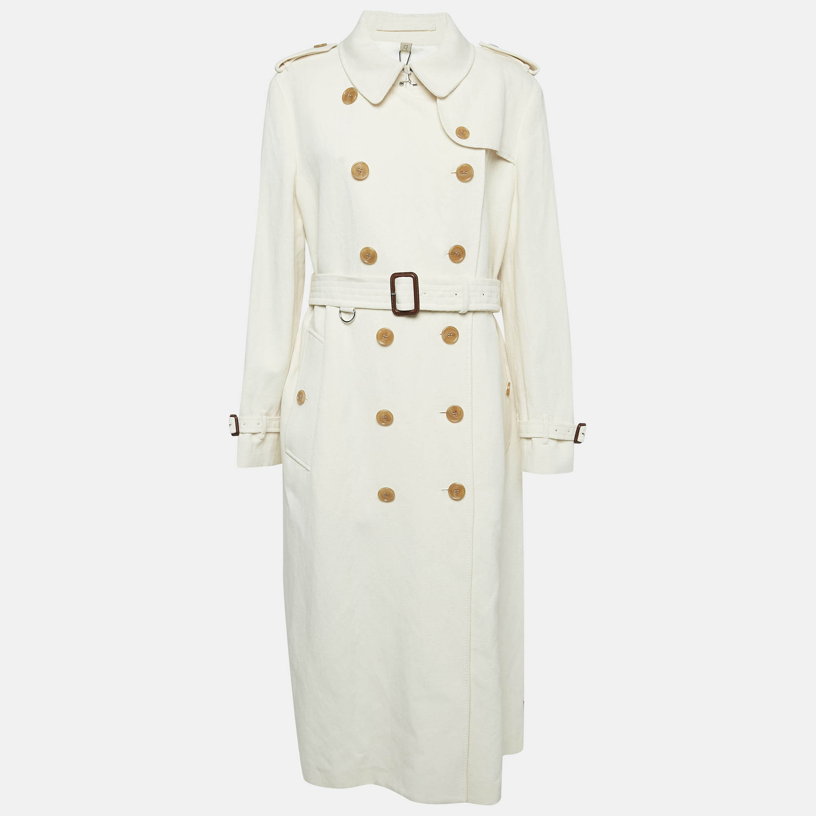Burberry London Off White Cotton Canvas Double Breasted Long Coat L