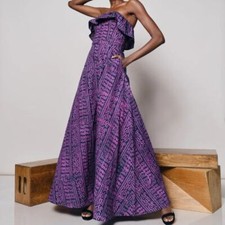 Kahindo Tanzania Maxi Strapless Dress in Purple Tribal Print Size XS Petite