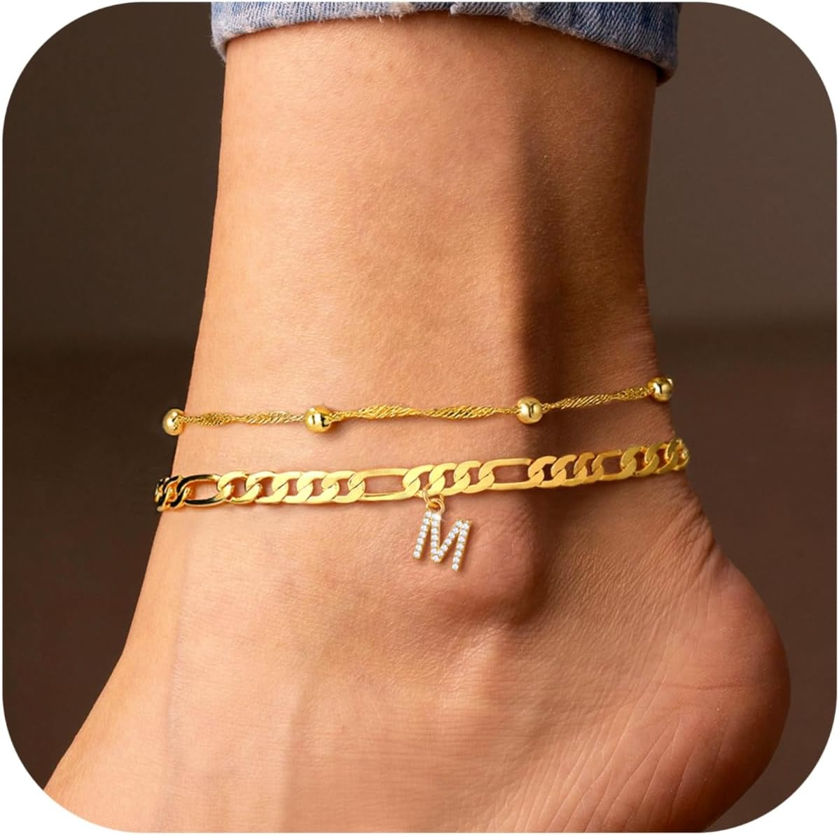 14K Gold Plated Dainty CZ Initial Ankle Bracelet for Women