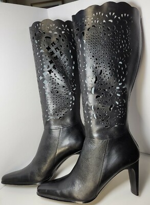 Bellini  Celine  Black Leather Womens Laser Cut Knee High 3.5'' Heel Boots Sz 10