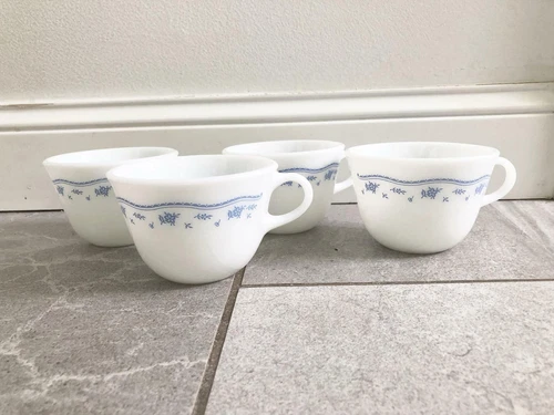 Pyrex Morning Blue Pattern 8 oz Coffee Cups/ Mugs,Set of 4,Vintage Milk Glass