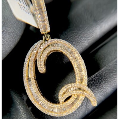 2 CT Baguette & Round Natural Moissanite Letter Q Pendant 14K Yellow Gold Plated